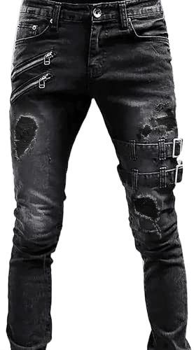 Men's Casual Slim Fit Ripped Skinny Distressed Demin Jeans Stretch Destroyed Biker Mid-Rise Jeans Pants