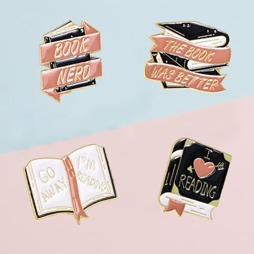 Image of 4 Pieces Cartoon Books Enamel Pins - Book Lovers Gifts, Badges, Brooches, Decorative Lapel Pins for Backpacks, Clothing, Bags, Jackets - Learning Gifts for Teacher, Student