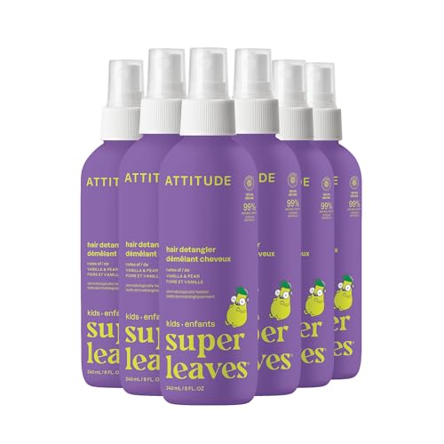 Image of ATTITUDE Rinse-free Hair Detangler for Kids, EWG Verified Leave In Product, Plant- and Mineral-Based Ingredients, Vegan, Vanilla & Pear, 8 Fl Oz (Pack of 6)