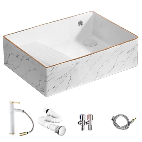Lavabo Baño con Tabla de Lavar, Pila Lavadero, Lavabo Sobre Encimera, con Grifo Extraíble y Desagüe Antiolor, Ideal para Baños, Lavaderos y Balcones