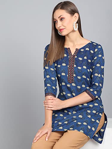 Image of Rapsodia Womens Cotton Navy Blue Floral Printed Short Kurti with Embroiderey