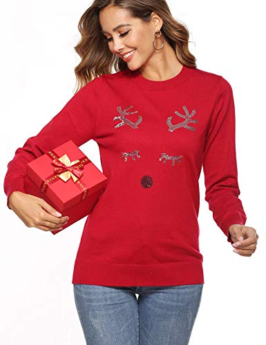 YAWOVE Christmas Reindeer Themed Knitted Holiday Sweater Girls Pullover Wine Red