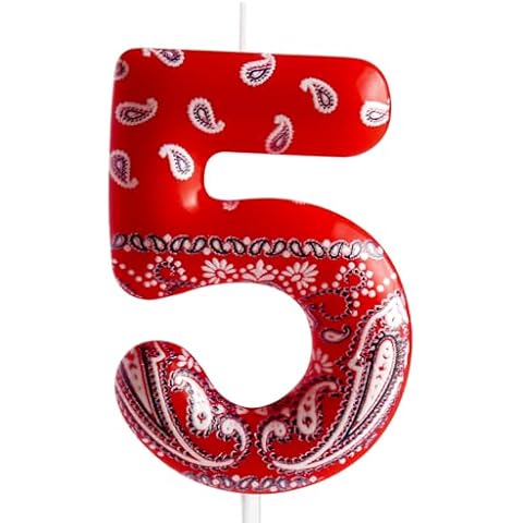 FUNCANDLE Red Birthday Number 5 Candles,Red Paisley Number 5 Birthday Candle,Happy Birthday Candle,Western Cowboy Theme Party Boy Girls Birthday Party Decorations Cover