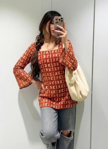Image of ANNI Designer Women's Viscose Blend Printed Short Kurti | Straight Fit Casual Ethnic Top | Square Neck Full Sleeve Kurta Office College