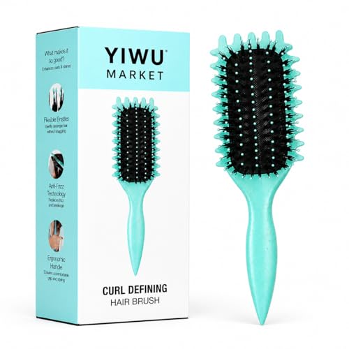 Image of Curly Curved Vented Hair Brush for Women & Men | Hollow Airflow Comb | Flexible Detangling Bristles with Comfortable Grip Handle | Blow-Dry Support & Scalp Massage Brush - Teal