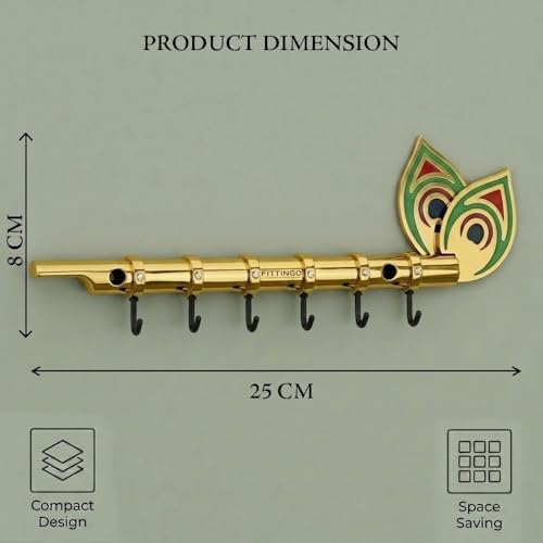 Image of Big Brass Antique Krishna Flute for Key Holder /Key Stand /Keys Hanger Hook /Key Holders for Wall Stylish /Keys Rack Hook /Key Hanging Hooks - Home Decor, Wall Mount - 6 Hooks (Gold)
