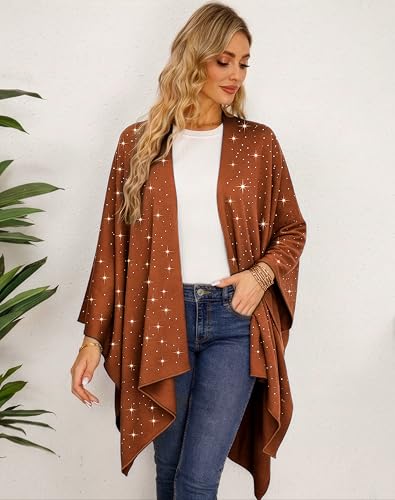 Image of Womens Rhinestones Open Front Poncho Shawl Wrap Cape Ruana Travel Blanket Cardigan