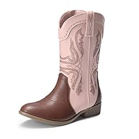 DREAM PAIRS Cowgirl Boots for Girls Boys Cowboy Boots Kids Western Embroidered Mid Calf Riding Shoes with Walking Heel Toddler/Little Kid/Big Kid,Size 4 Big Kid,Pink/Brown,SDBO2222K