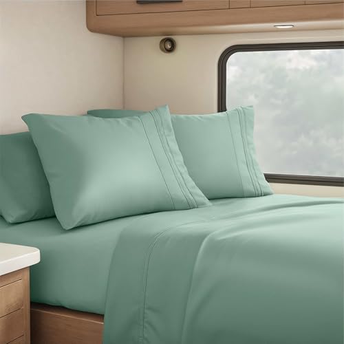 Image of Nestl Sage Green Short Queen Sheets for RV, Hotel Luxury RV Queen Sheets Set, 4 Piece Fitted Bed Sheet Set and Pillowcases, Super Soft, Wrinkle-Free, and Breathable Camper Bedding