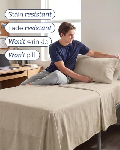 Image of Twin XL 4 Piece Sheet Set - College Dorm Room Essentials - Heathered Beige | Ultra Soft Dorm Bedding Set, 8 inch to 16 inch Inch Deep Pockets, 1 Flat & 1 Fitted Sheet & 2 Pillowcases, Wrinkle & Fade Free