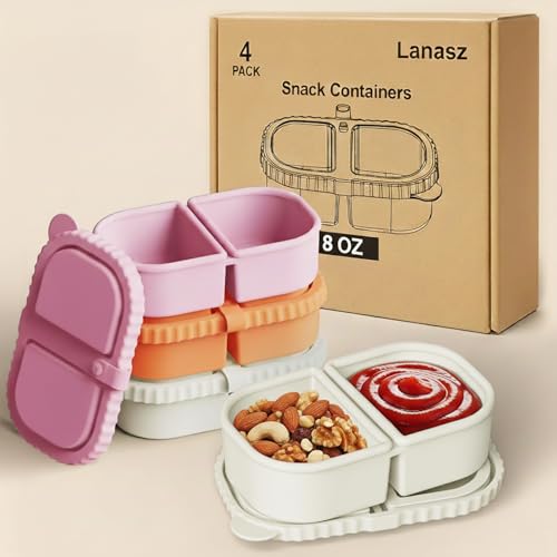 Lanasz 4 Sets Silicone Snack Containers with Lids, Reusable Double Compartment Plastic Container for Sauce Snack,Compact Food Storage for School, Office, Travel,Condiment Container with Lid (4 Colors)