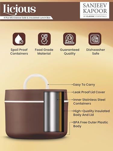 Image of Sanjeev Kapoor by Classic Essentials Luscious Microwave Friendly, Leakproof, Insulated Tiffin Set - 4 Containers (2x400ml + 2x600ml), Lunch Box with Bag & Cutlery, (2000ml Thermoware), Brown