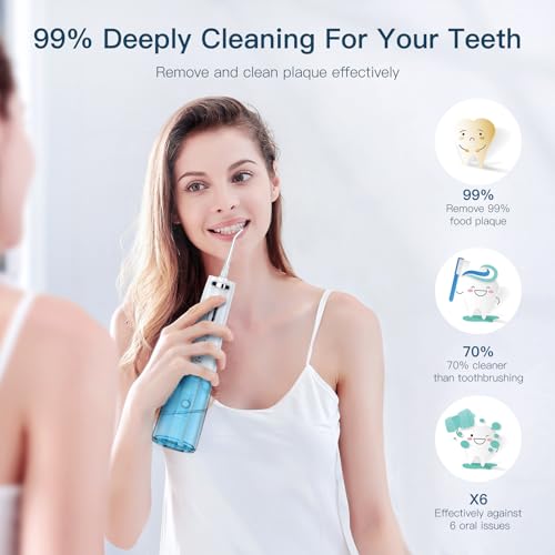 travel-ready 300ml cordless water flosser for teeth  ipx7 waterproof 4 pressure modes amp 2000mah battery for deep cleaning at home or on-the-go blue amp white