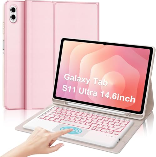 Image of Keyboard Case for Samsung Galaxy Tab S11 Ultra 14.6 inch 2025 (SM-X930 /X936B), 7 Color Backlit,Multi-Touch Trackpad,Magnetic Detachable Wireless Bluetooth Keyboard with S Pen Holder,Pink