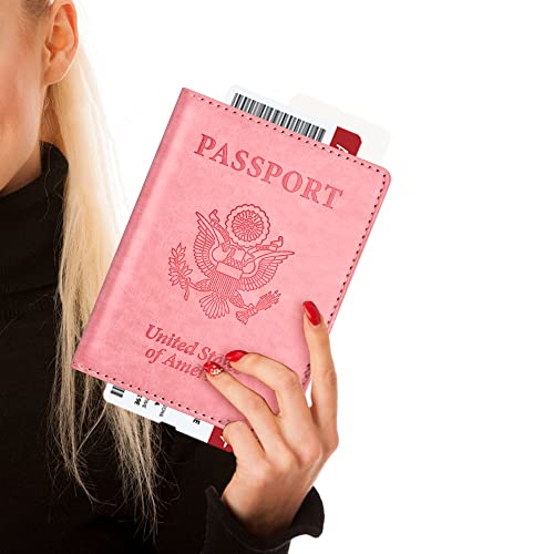 Image of Eoehro Passport and Vaccine Card Holder, Faux Leather, AI-pink, Compact, Lightweight, Waterproof