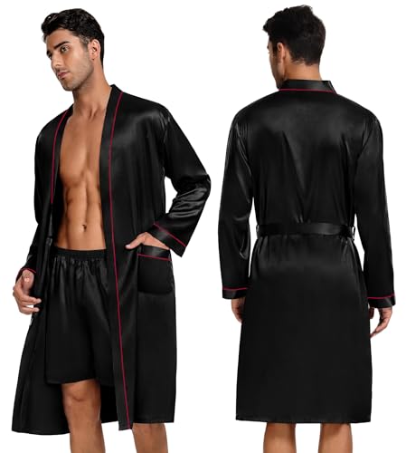 SWOMOG Mens 3 PCS Satin Robe with Pants & Shorts Set Kimono Bathrobe Long Sleeve Sleepwear Pjs Sets with Pockets3