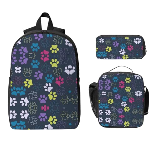Cute dog paw print Shoulder Bookbags Lunch Bag and Pen Case 17 inches Backpack with Lunch Box, Cute Bookbag Set2
