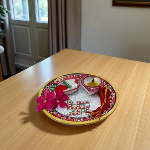 Marble Pooja Thali with Meenakari Work – 6 Inch Decorative Thali, Diya, Roli-Chandan Holder, Kalawa Set for Mandir Aarti, Grih Pravesh, Diwali & Festival Gift (6inch) — photo — 5 of 9