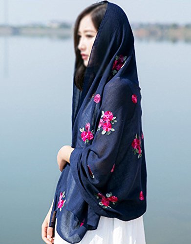 Women Floral Embroidery Spring Autumn Cotton Linen Long Scarf Summer Beach Shawl Wrap Dark Blue2