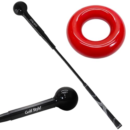 GolfStyle ゴルフ練習器具 スイングトレーナー ウエイトアップ セット 重り 140g ウエイトリング ゴルフ トレーニング器具 スイング練習 室内 屋外 素振り 矯正 飛距離 通常グリップ 81cmサイズ (ブラック/レッド)