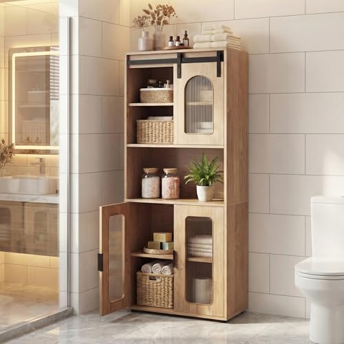 Image of Tangkula 59 inch Tall Bathroom Floor Cabinet, Freestanding Storage Cabinet with Sliding Barn Door & Open Shelves, Farmhouse Bathroom Storage for Kitchen, Living Room, Dining Room (Natural, 59 inch H)