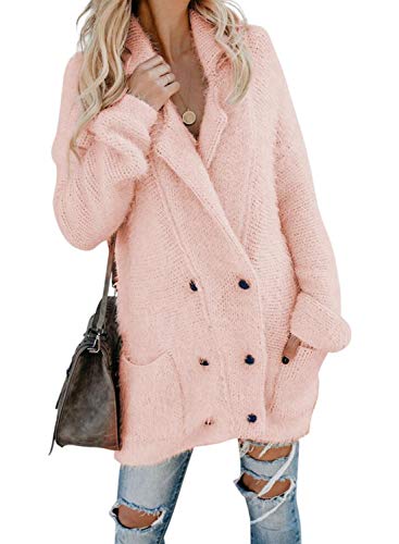 HOTAPEI Womens Fleece Fuzzy Open Front Long Knit Cardigan Sweater Button Warm Coat Outwear with Pockets Pink