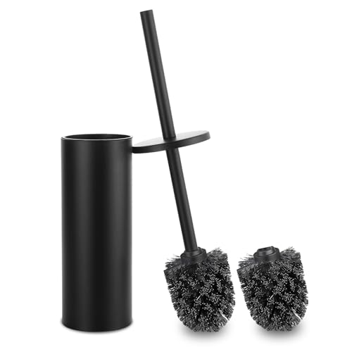 Escobillas de Baño Acero Inoxidable, Escobilla WC con 2 Cabezales, Contiene Cubeta Interior, Escobilla Baño con Mango y Base de Acero Inoxidable