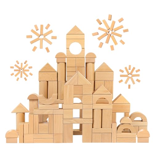 MEEYOO 100pcs Natural Beech Wooden Building Blocks for Toddlers 1-3 Wooden Blocks for Baby Shower with Storage Bucket Montessori Toys for Preschool Girls and Boys