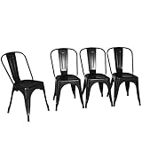TANGZON Dining Chairs Set of 4, Stackable Steel Tolix Kitchen Chairs with Slat Backrest & Elm Wood/Hollowed Seat, Industrial Bistro Side Chair for Dining Room Restaurant Patio (Hollowed Seat, Black)