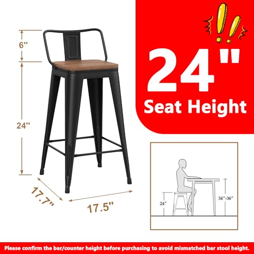 WENTMENT Metal Bar Stools Set of 4 Counter Height Barstools with Removable Back 24" Kitchen Bar Stools with Wooden Seat, Black - view 1
