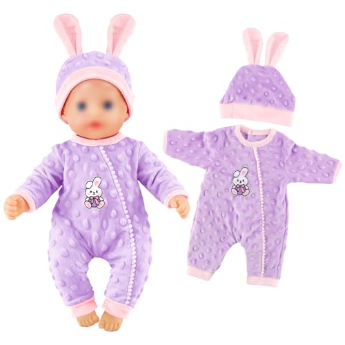 Mezzar Roupas para bonecas de bebé, fato de coelho roxo, inclui macacão e gorro, adequado para bonecas de 35 a 45 cm (não inclui bonecas)