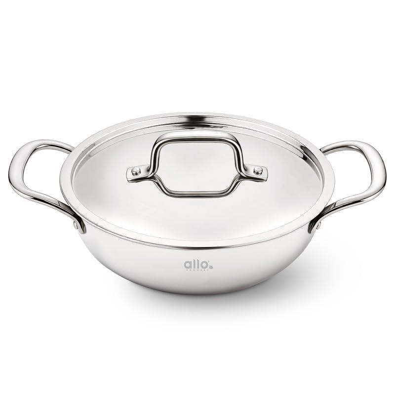 Image of Allo Triply Stainless Steel Kadhai with Handles|Perfect Kadhai for Curry /Stir-Fry /Deep-Fry /DryVeg /Saute Induction Friendly Naturally Non-Stick | 10 Years Warranty, with lid