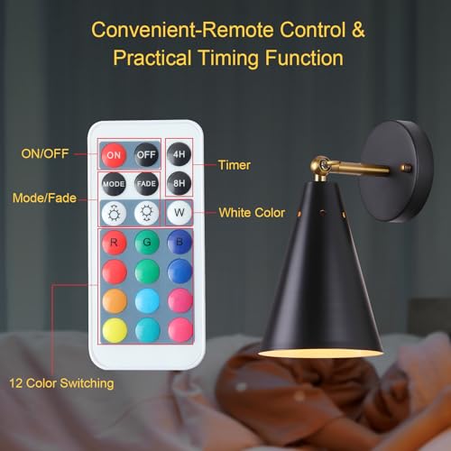 Image of MWZ Black Rechargeable Wall Sconce Set of 2,Wireless Battery Operated Sconces Lighting with Remote Control, Modern Dimmable 12 RGB Color Temperatures Adjustable Angle Lamp with Cone Metal Shade