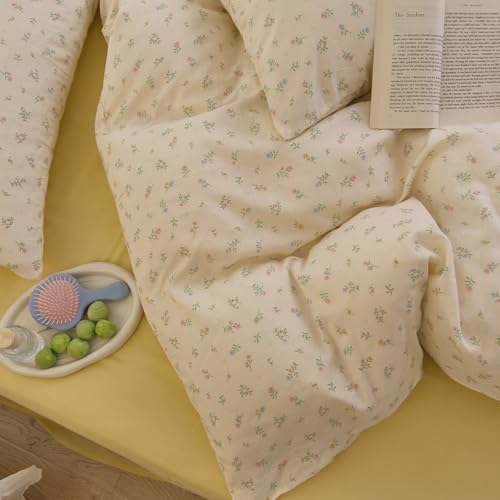 Image of Pastel Ditsy Floral Duvet Cover Set, Cream Off-White Double Layer Gauze Cotton Bedding Set, Soft Breathable Green Leaves Comforter Cover for Cottagecore French Country Bedroom Decor, Queen Size