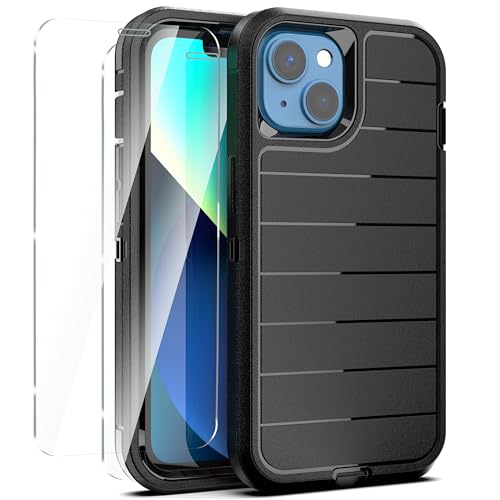Coque durable antichoc iPhone 14 et 13 avec rayures en caoutchouc et double verre