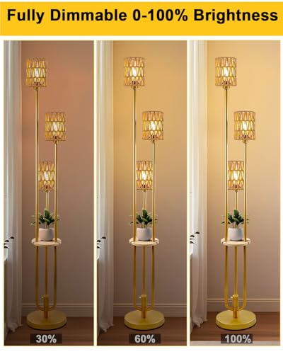 Image of Lightdot Dimmable Boho Floor Lamps with Table 3-Lights Farmhouse Floor Lamp 3000K Warmwhite Bulbs Included Rustic Gold Standing Lamp with 5Lbs Heavy Base for Living Room /Sofa Beside /Corner Decor