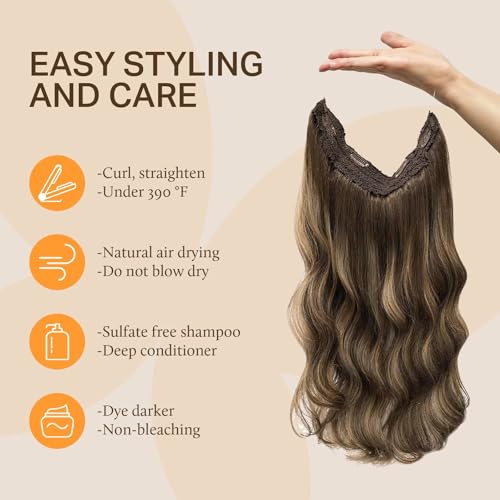 Image of DOORES Human Hair Extensions, Balayage Chocolate Brown to Caramel Blonde 22 Inch 120g, Wire Hair Extensions with Transparent Fish Line Invisible Hairpiece for Women