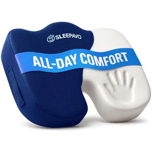 Sleepavo Navy Blue Memory Foam Seat Cushion for Office Chair - Pillow for Sciatica, Coccyx, Back, Tailbone and Lower Back Pain Relief - Orthopedic Chair Pad Lumbar Support in Office, Car, Airplane