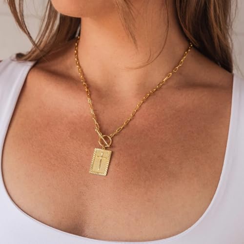 Cross Pendant Paperclip Chain Necklace, 14K Gold & Silver Plated, Unisex, Waterproof and Sweat-Resistant, Fade-Proof,Fashion Religious Simple Jewelry Gift3