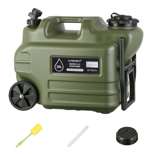 7.4 Gallon Water Jug 28L Portable Water Container with Wheel & Pull Handl Spigot Cleaning Brush Detachable Hose & Extra Lid BPA-Free Camping Hydration Canteen Outdoor Tank Storage PE - Green