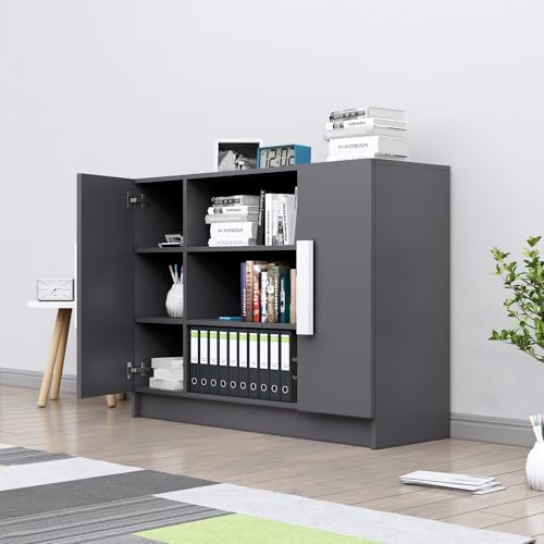 Image of Bniture Storage Cabinet Wooden Sideboard for Living Room with 3 Shelf and 2 Door | Multipurpose Book Shelf Storage Organizer Cabinet for Office Home Hallway Drawing Room Bedroom | Slate Grey