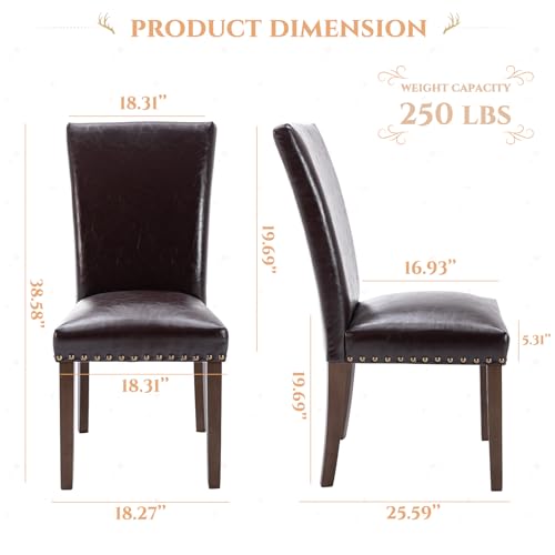 Image of Parsons Dining Chairs Set of 2, Upholstered Nailhead PU Leather Dining Room Kitchen Side Chair with Thick Cushions and Wood Legs, Dark Brown