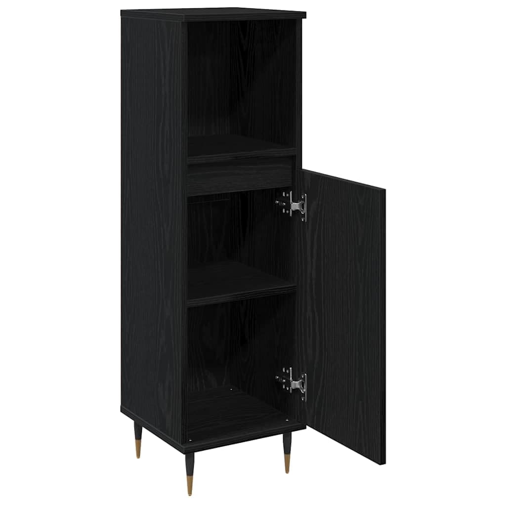 Badezimmerschrank mit Tür Schwarz Eichen-Optik, Badschrank 30 x 30 x 100 cm, schmaler Badunterschrank aus Holzwerkstoff, platzsparende Badkommode mit 3 Ablagen für Badzubehör