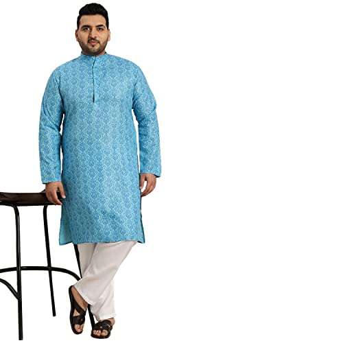 Image of SOJANYA PLUS (Since 1958) Men's Cotton Blend Navy Blue and Black Printed Kurta and White Pyjama Set