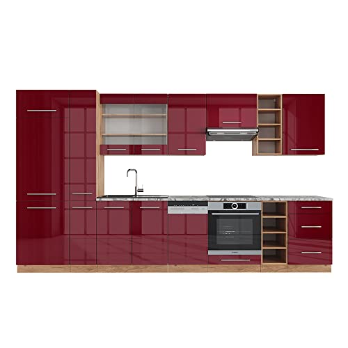 Vicco Küchenzeile Fame-Line, Bordeaux Hochglanz/Goldkraft Eiche...