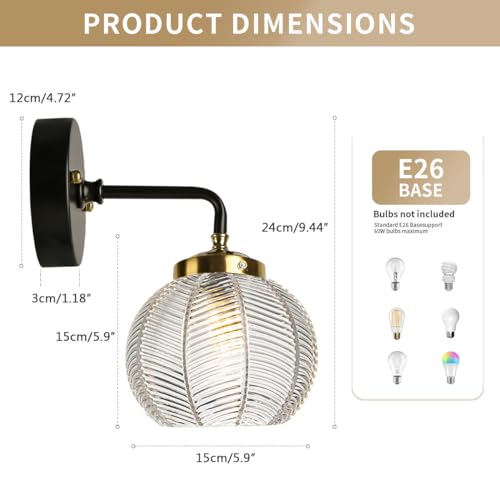 Image of Vintage Glass Vanity Light Clear Bathroom Light Fixture ArtDeco Lamp | 2 Pack 15cm /5.9″ Clear Ribbed Glass Globe Shade,E26 Base, Unique Thick Texture Lights Fixture ,Over Mirror Bedroom Hallway
