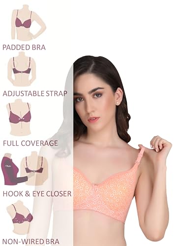 Image of Women Printed Padded Bra - Made of Pure Cotton Full Coverage Non Wired Seamless Pushup Soft Cup for T-Shirt Saree Dress and for Everyday
