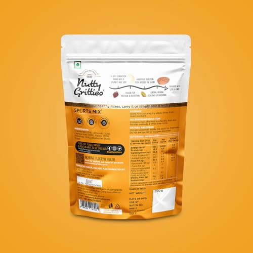 Image of Nutty Gritties Sports Mixed Nuts and Dry Fruit 200g (Pack of 2) - Roasted Almonds, Cashews, Pistachios, Dried Blueberries, Cranberries and Raisins, Healthy Snack for all | Resealable Pouch