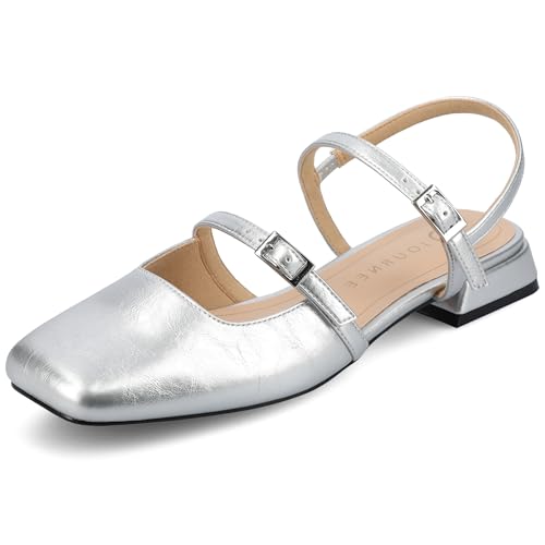 Journee Collection Women's Gretchenn Buckle-Strap Heeled Mary Jane Flats, Silver, 10 Wide
