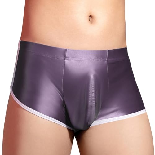 FEOYA Mens Sexy Boxer Shorts Low Rise Shiny Bulge Pouch Enhancing Short Leg Trunks Metallic hot men lounge Pajamas Underwear
